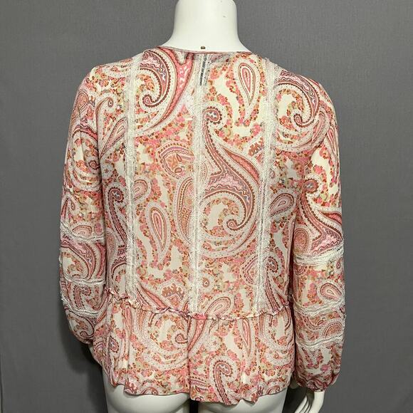 BCBG Sheer Peasant Boho Paisley Print Long Sleeve Blouse Sz-Large - Picture 6 of 8